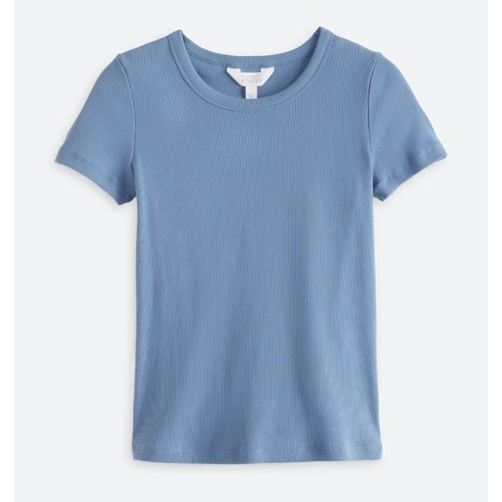 Pearl Cotton Ribbed Crewneck Tee In Blue